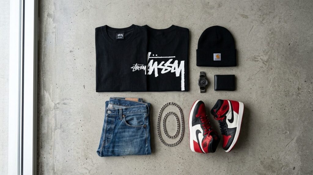 Overhead flat-lay styling shot of a black Stussy Basic Tee a