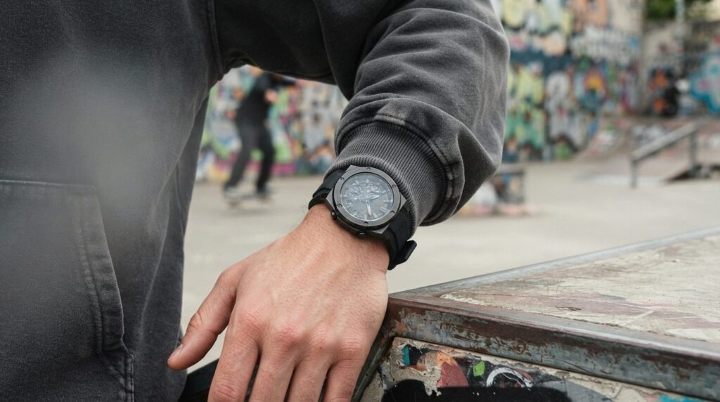 Close-up lifestyle shot of a mans wrist wearing a bold stre