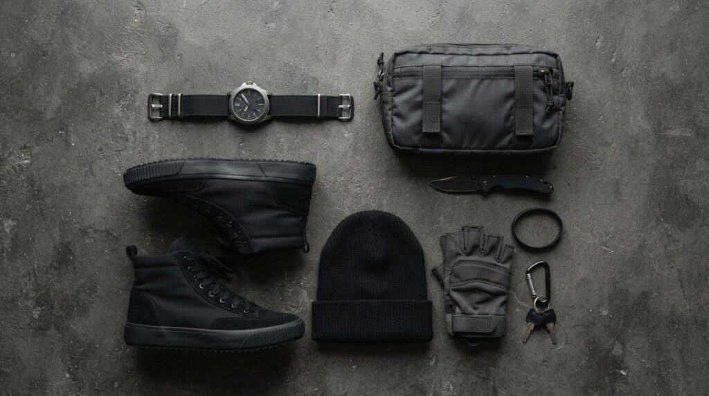 Flat lay composition of streetwear accessories including a d