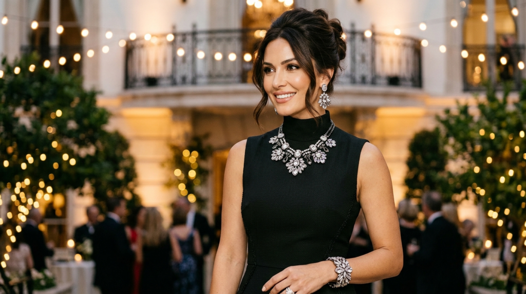 Close-up fashion photography of a woman wearing a sleek blac