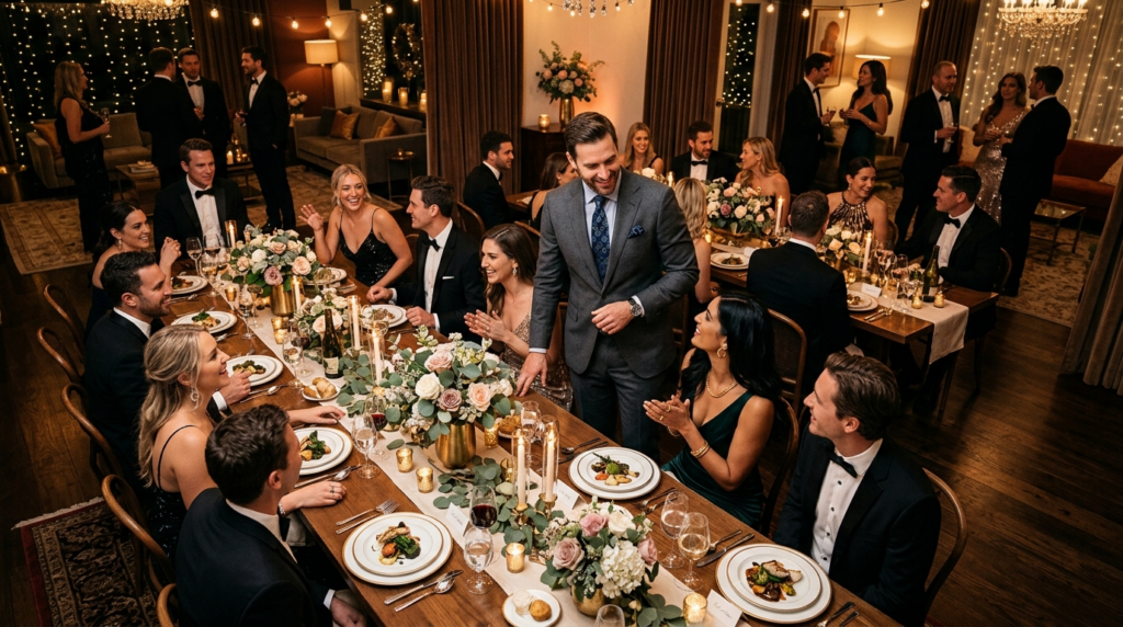 Overhead view of a sophisticated party setup featuring a man