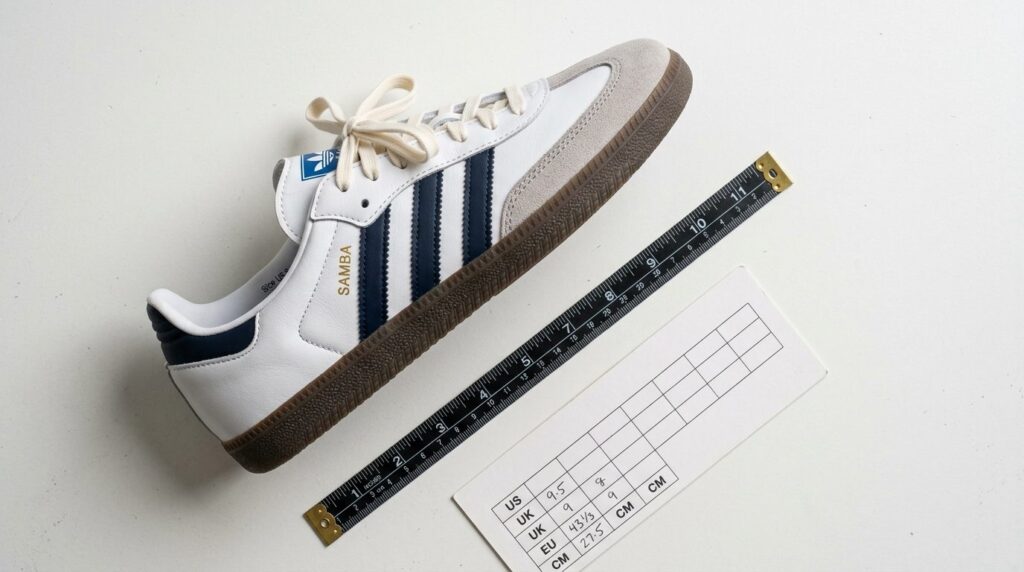Close-up flat lay photography of Adidas Samba sneakers in cl